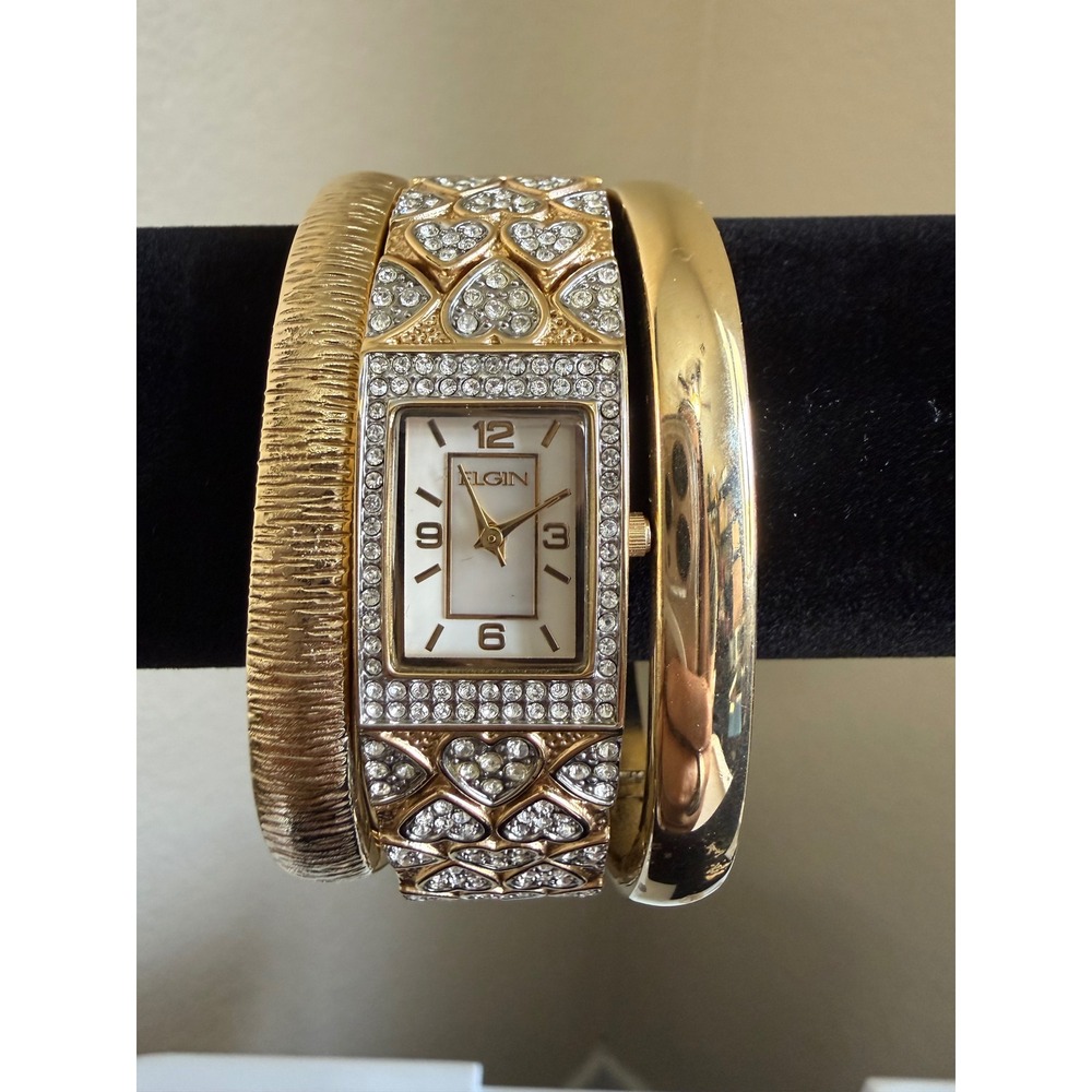 Elgin Ladies Gold Tone Heart Crystal Watch Set Mother of Pearl Dial